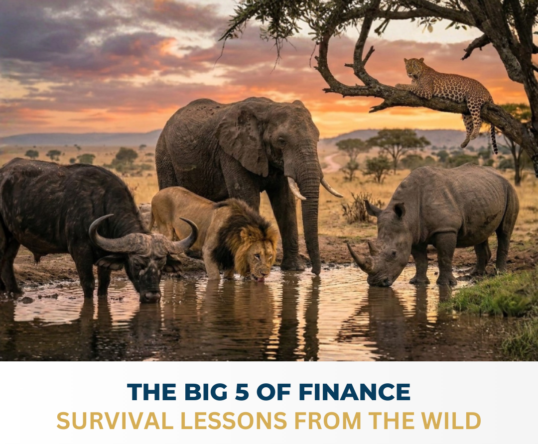 A lion and a business professional representing capital preservation and financial leadership. The Big 5 of Finance checklist for SME business owners.